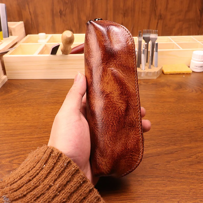 Tan Stationery & Office Supply - 一層目牛革ペンシルケース メンズ レトロ 手磨き加工 オールドベジタブルタンニンレザー 文房具ペンシルケース
