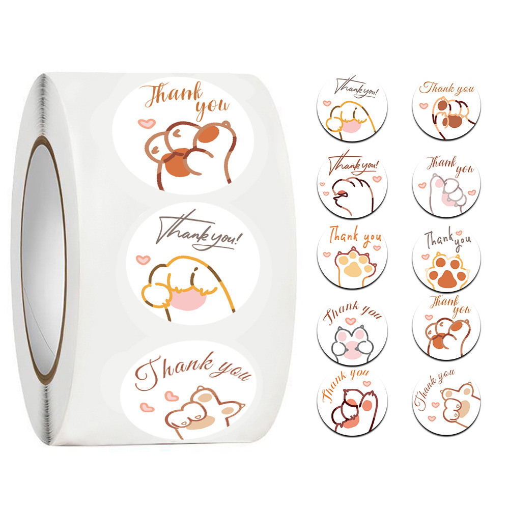Sticker Label Roll - JCAC 500枚/ロール かわいい漫画の猫の足跡「ありがとう」ステッカー、教師の報酬や生徒の励ましシール用の自己粘着ラベル