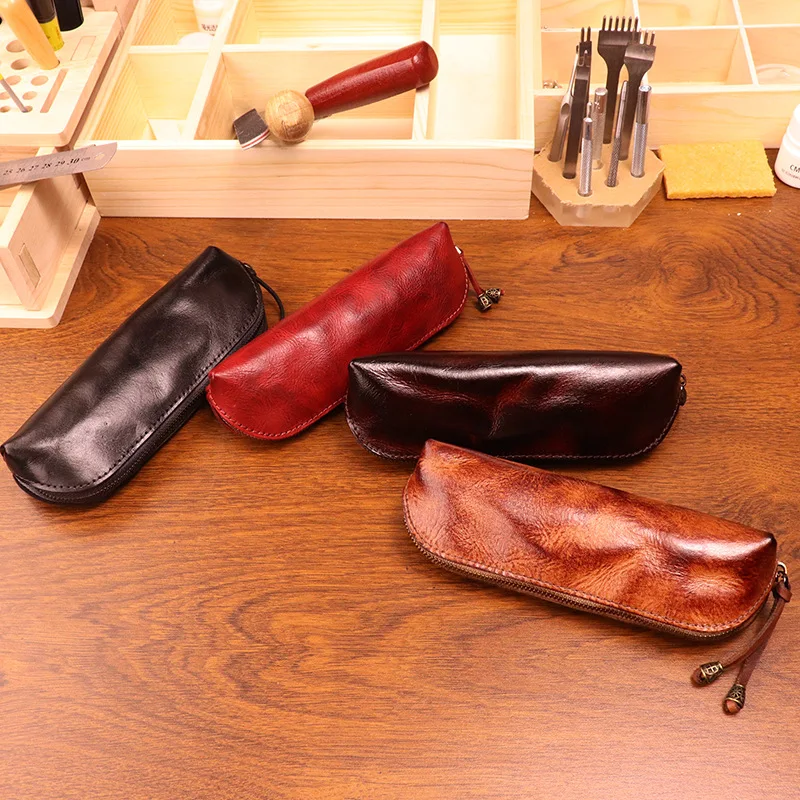 一層目牛革ペンシルケース メンズ レトロ 手磨き加工 オール - Tan Stationery & Office Supply のレビューと価格