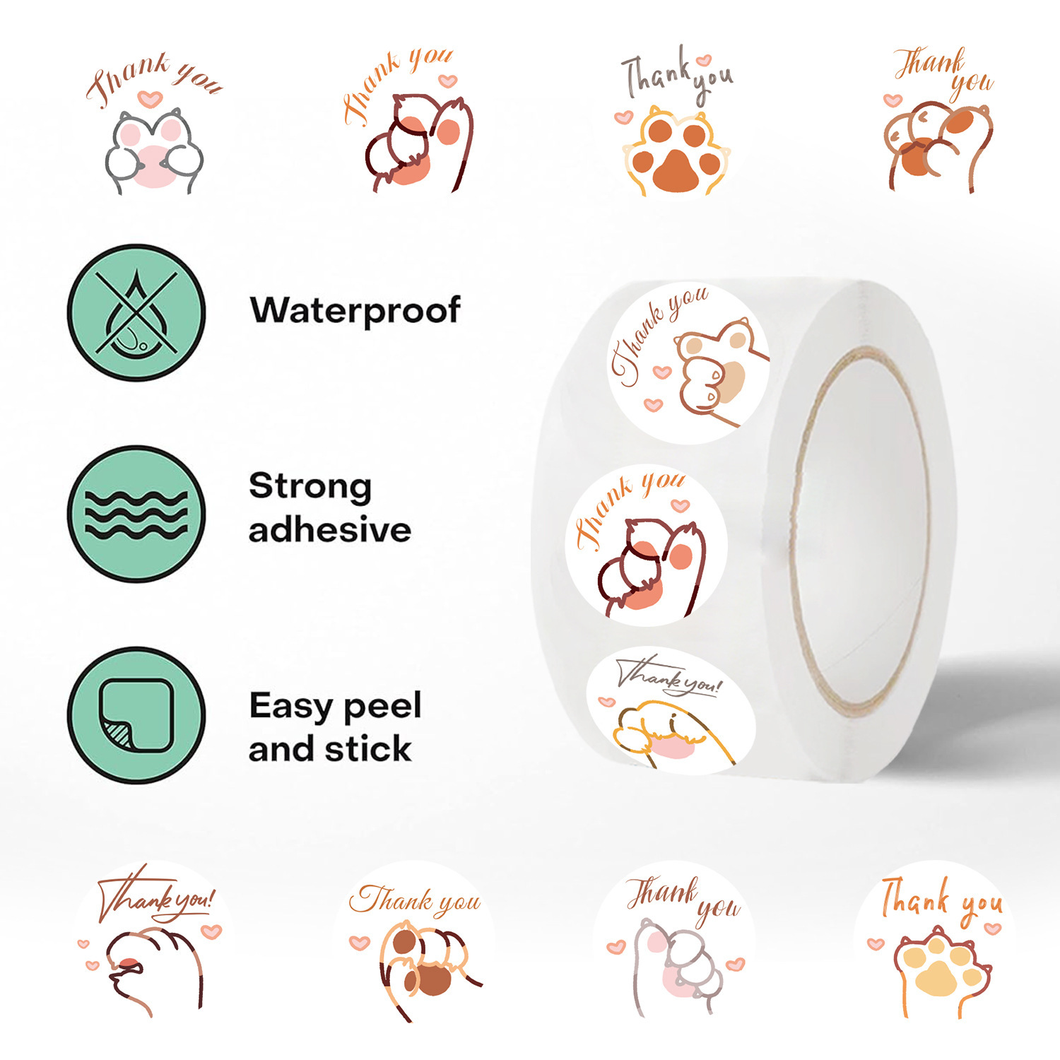 JCAC 500枚/ロール かわいい漫画の猫の足跡「ありがと - Sticker Label Roll のレビューと価格